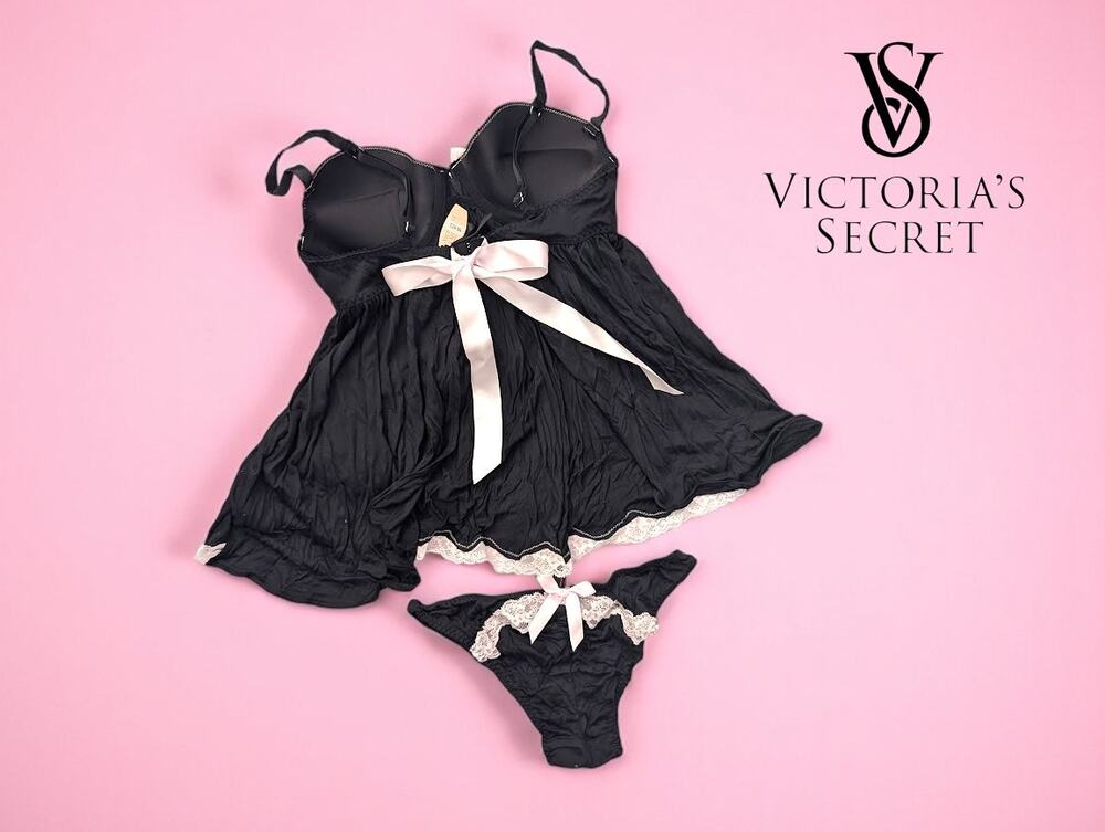 NWT Vintage Victoria’s Secret Black Lace Babydoll Lingerie Set, 34C/S